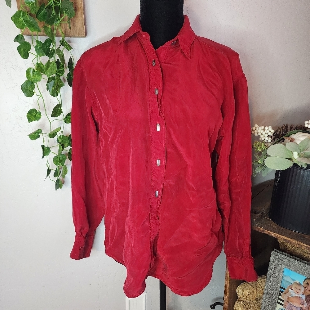 Vintage Longhorn Western Red Silk Shirt Size Small
